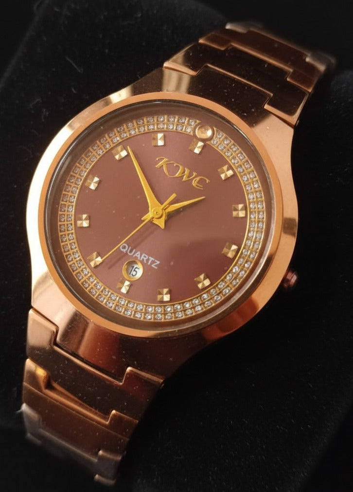 Elegant Rose Gold-Tone KWC Quartz Watch with Crystal Bezel and Brown Dial