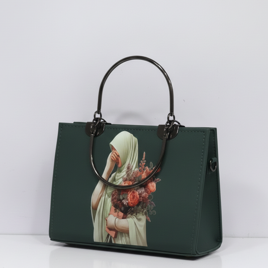 Elegant Emerald Handbag with Artistic Floral Figure Print
