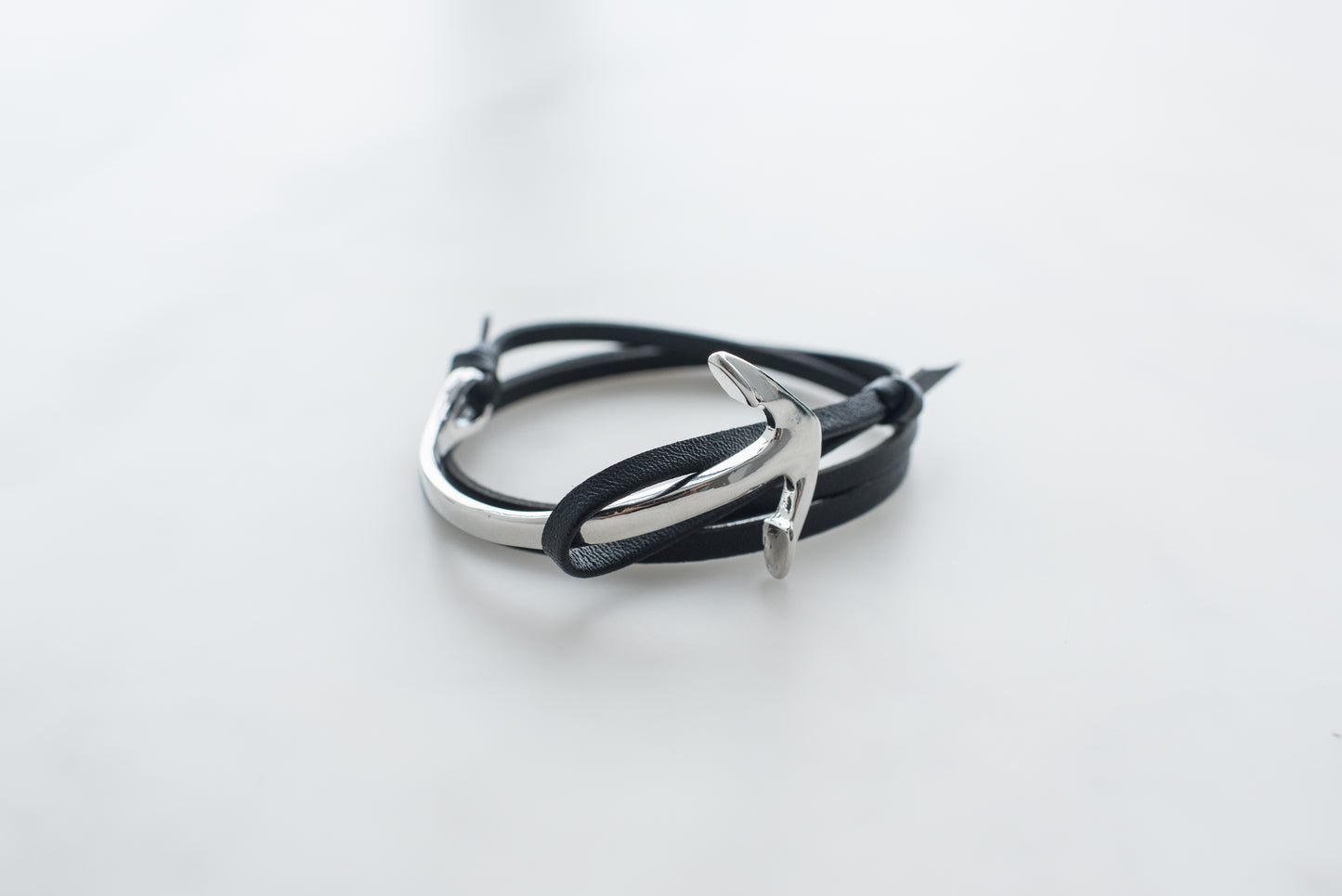 Men's Sterling Silver Anchor & Black Leather Cord Bracelet