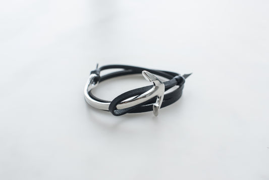 Men's Sterling Silver Anchor & Black Leather Cord Bracelet
